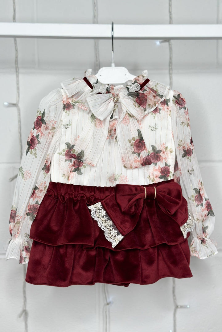 Fofettes "Violet" Burgundy Floral Blouse & Velvet Skirt - Millie and John