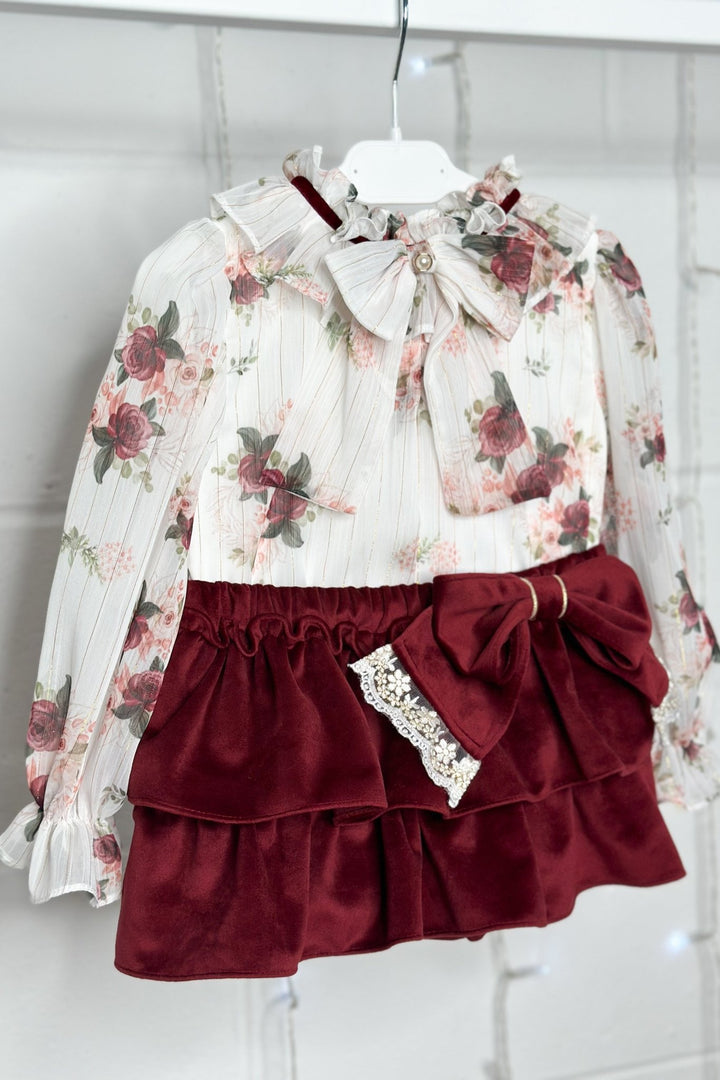 Fofettes "Violet" Burgundy Floral Blouse & Velvet Skirt - Millie and John