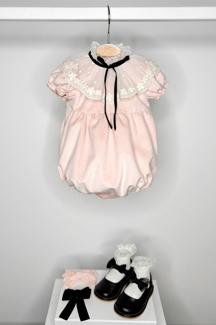 Fofettes "Vivienne" Pink Velvet Lace Romper - Millie and John