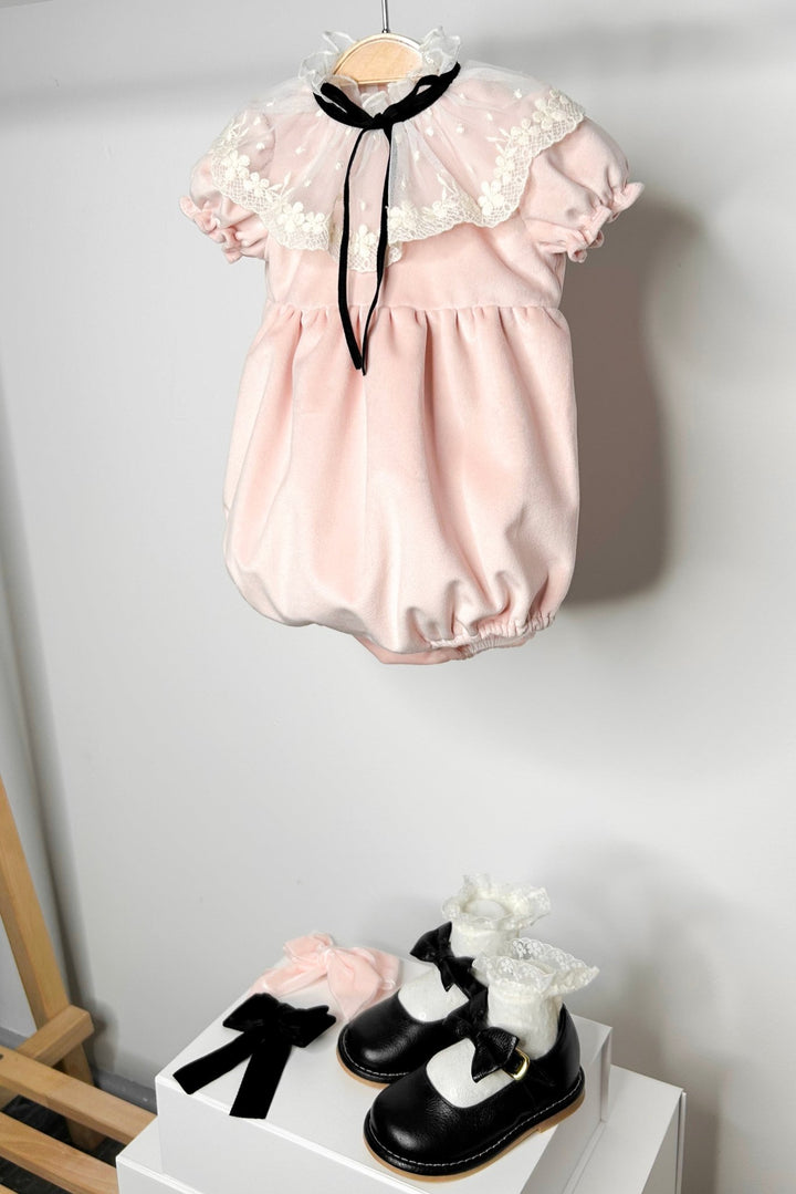 Fofettes "Vivienne" Pink Velvet Lace Romper - Millie and John