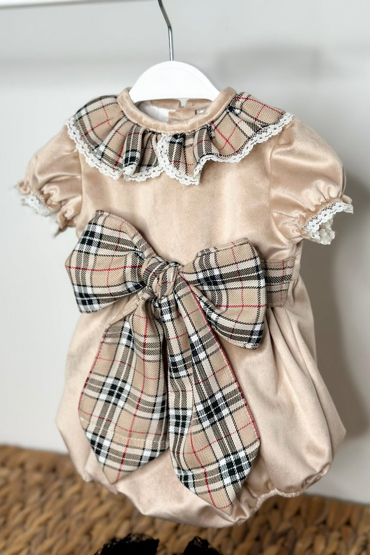Fofettes x Be Chic "Adelina" Beige Tartan Velvet Romper - Millie and John