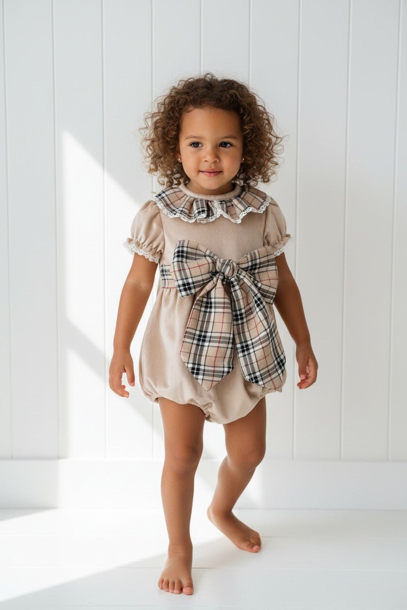 Fofettes x Be Chic "Adelina" Beige Tartan Velvet Romper - Millie and John