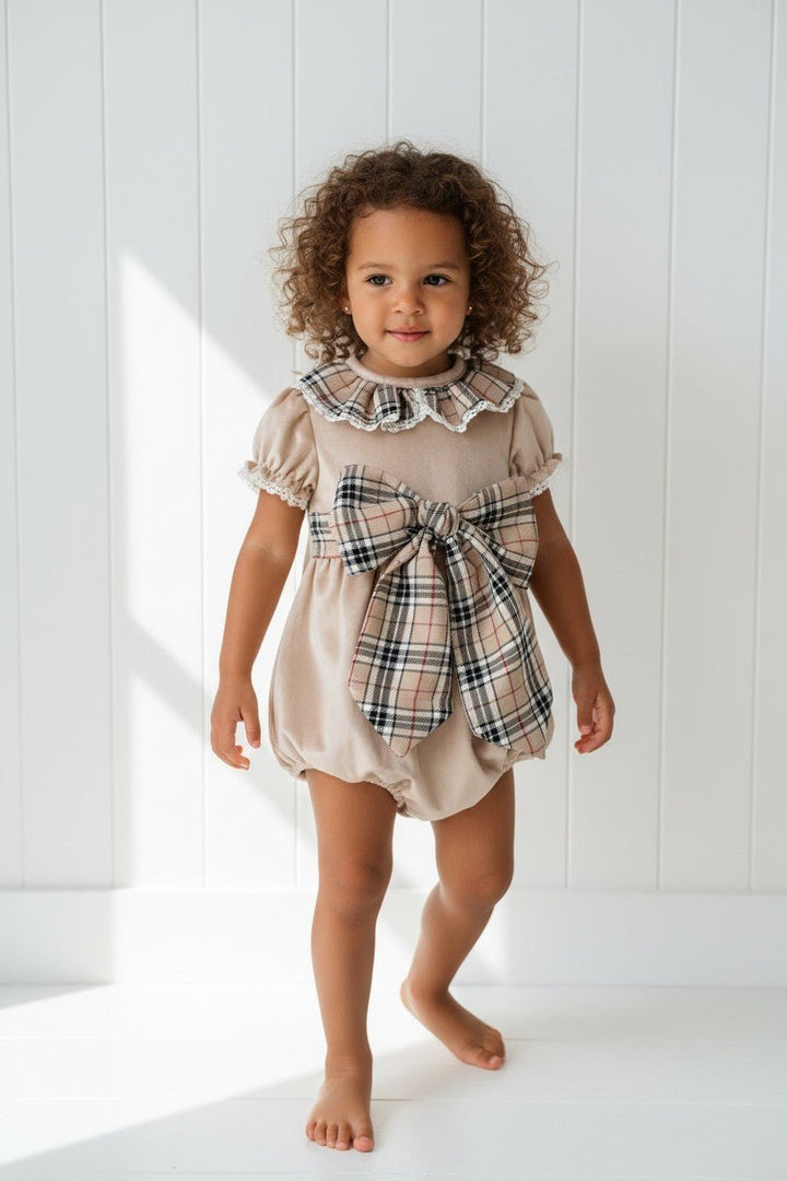 Fofettes x Be Chic "Adelina" Beige Tartan Velvet Romper - Millie and John