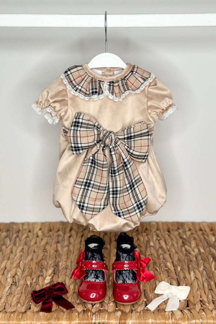 Fofettes x Be Chic "Adelina" Beige Tartan Velvet Romper - Millie and John