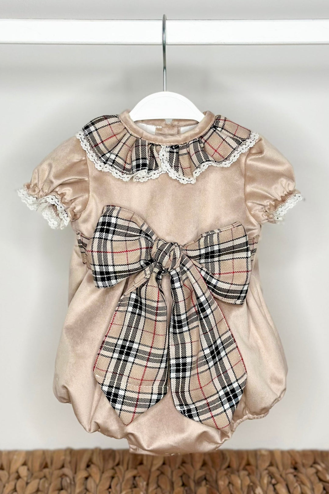 Fofettes x Be Chic "Adelina" Beige Tartan Velvet Romper - Millie and John