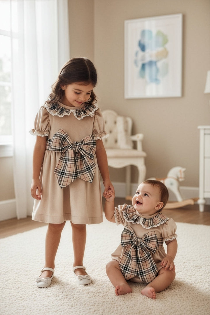 Fofettes x Be Chic "Adelina" Beige Tartan Velvet Romper - Millie and John