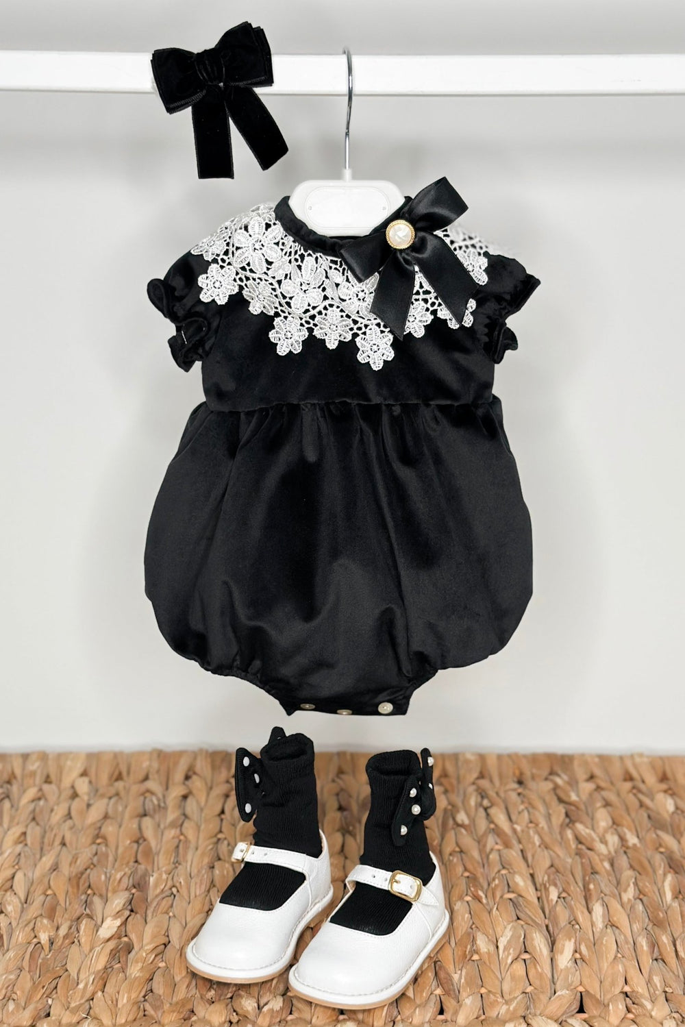 Fofettes x Be Chic "Angelica" Black Velvet Lace Romper - Millie and John