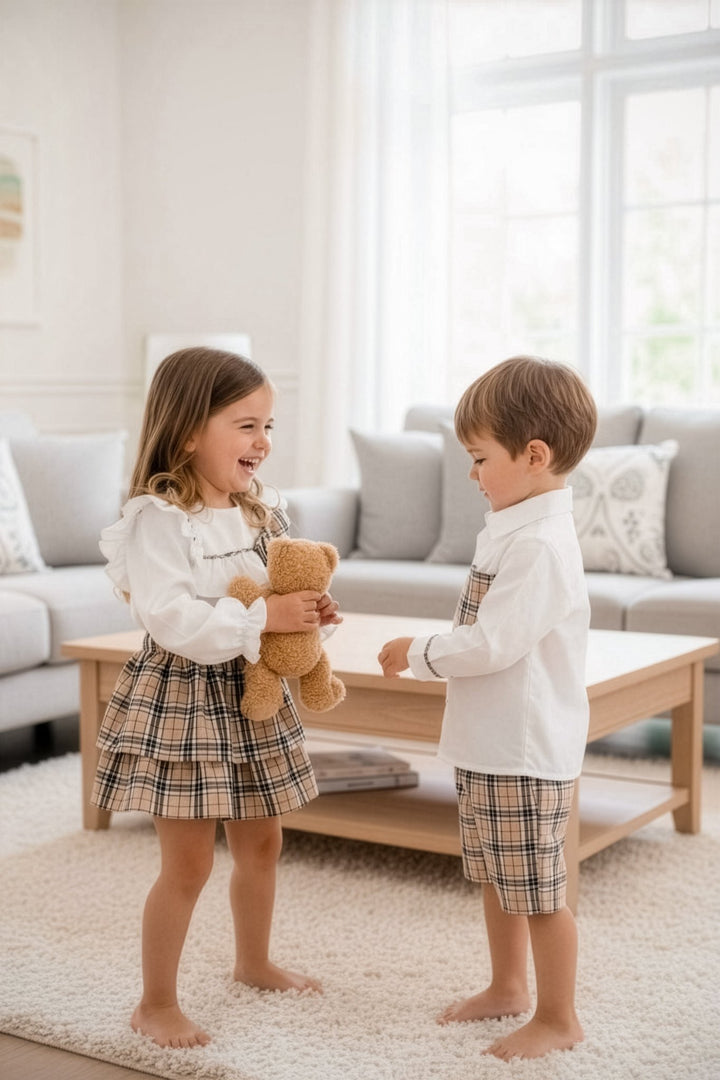 Fofettes x Be Chic "Atticus" Beige Tartan Shirt & Shorts - Millie and John