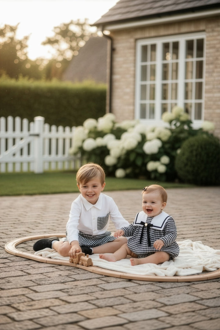 Fofettes x Be Chic "Atticus" Black & White Houndstooth Shirt & Shorts - Millie and John