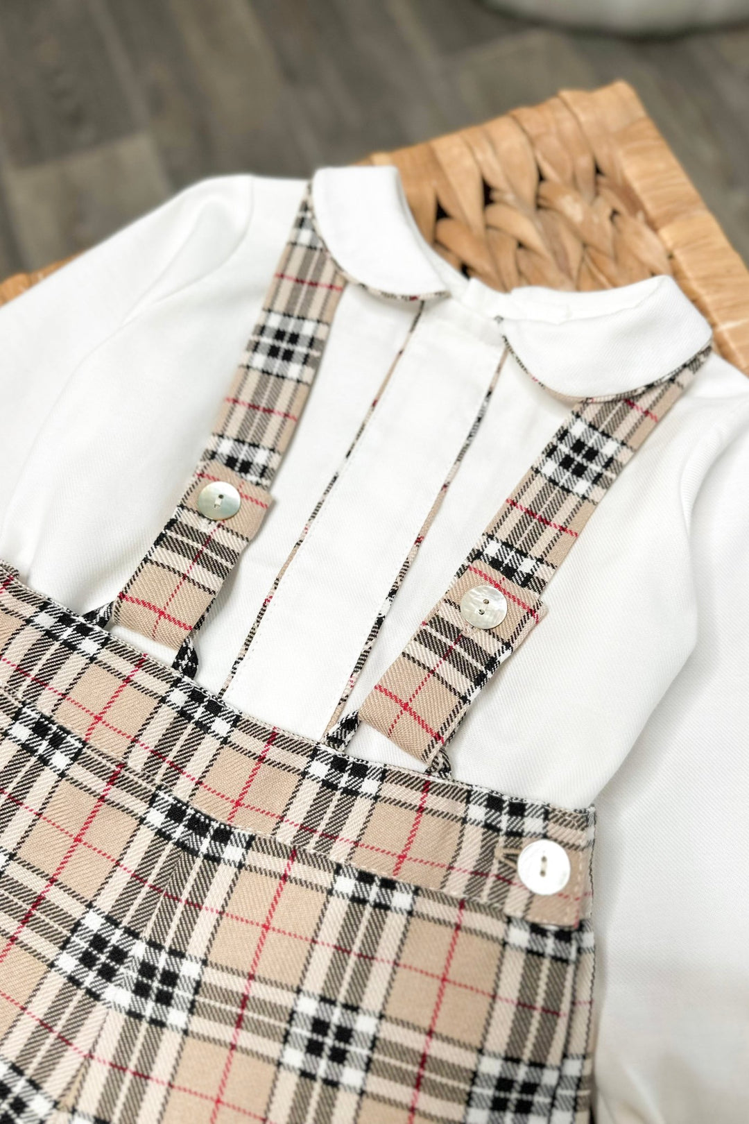 Fofettes x Be Chic "Barnabus" Beige Tartan Shirt & Shorts with Braces - Millie and John