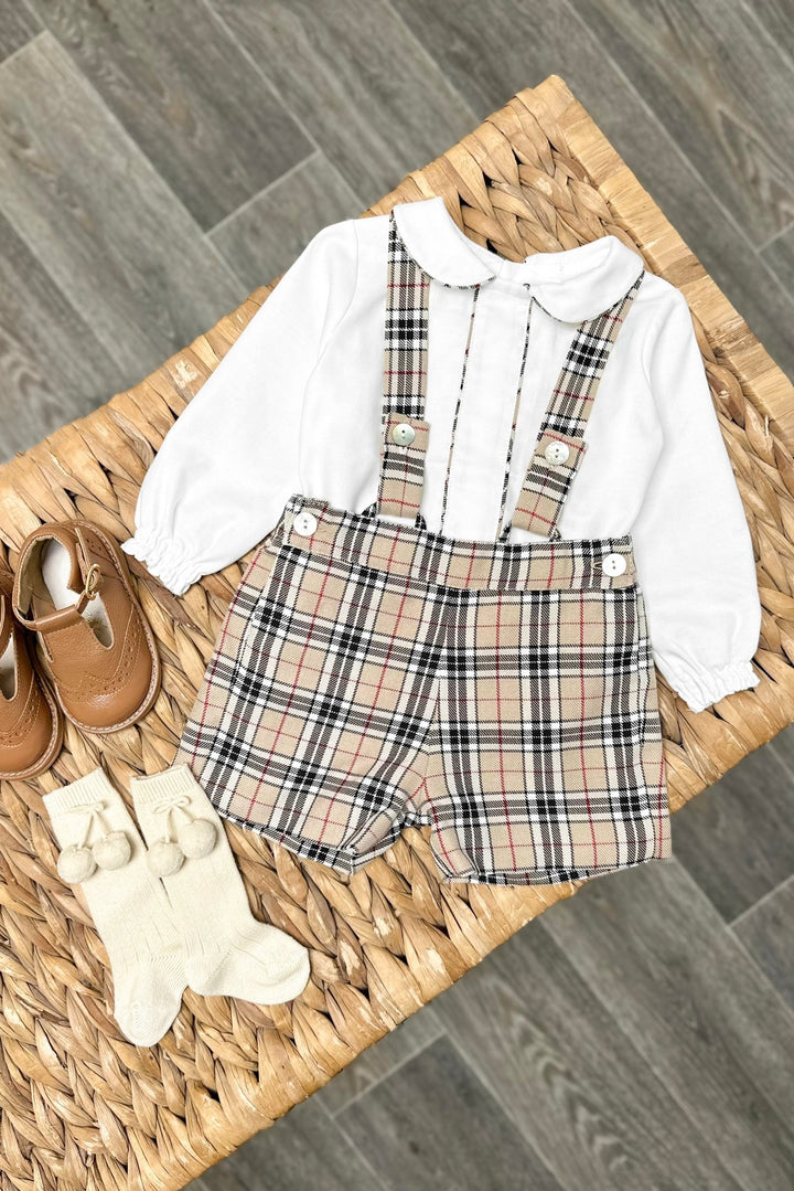 Fofettes x Be Chic "Barnabus" Beige Tartan Shirt & Shorts with Braces - Millie and John