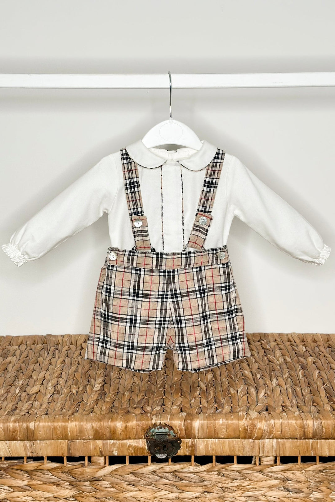 Fofettes x Be Chic "Barnabus" Beige Tartan Shirt & Shorts with Braces - Millie and John