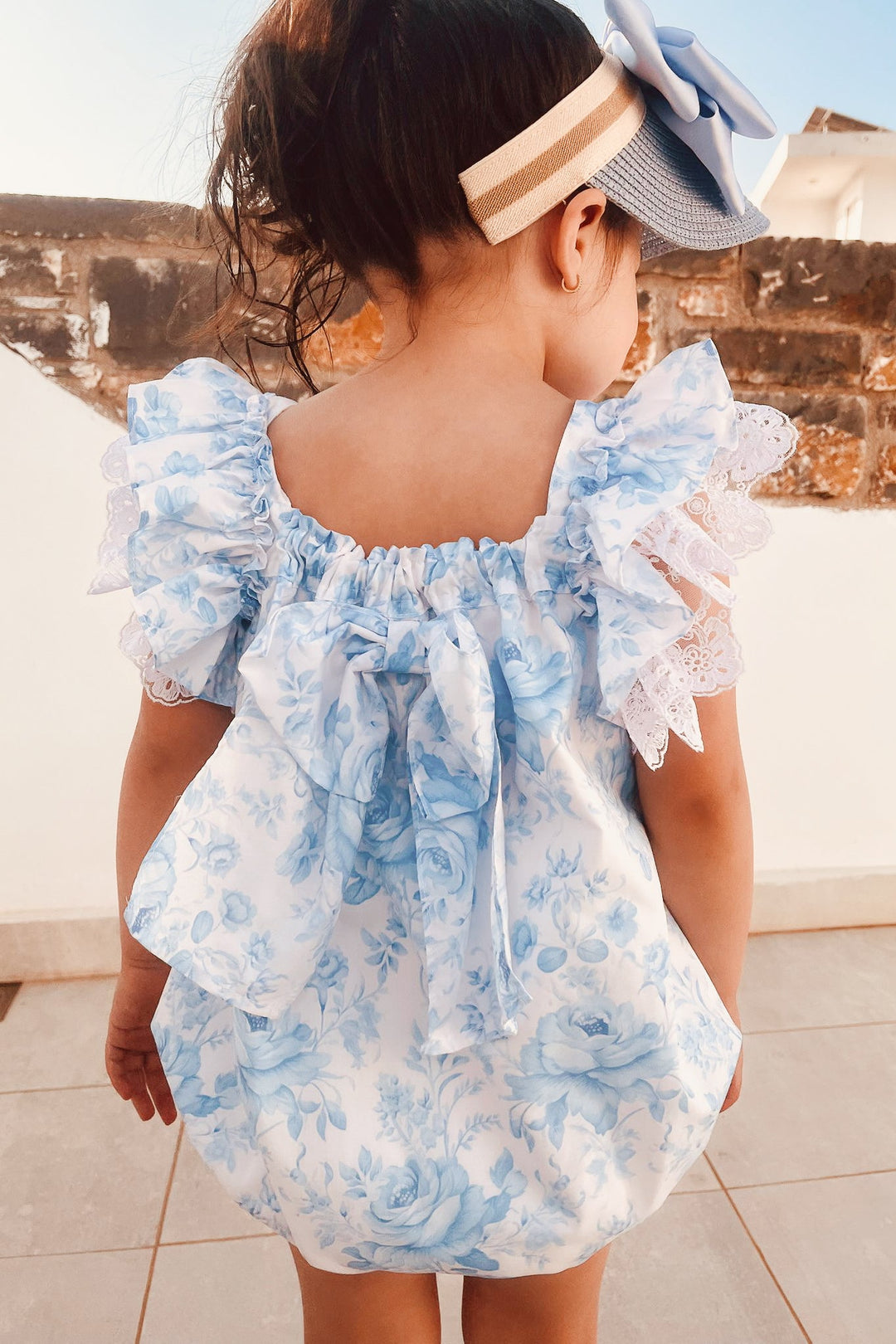 Fofettes x Be Chic "Elara" Blue Floral Lace Bow Romper - Millie and John
