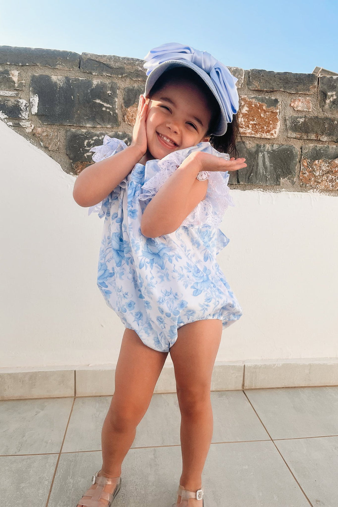 Fofettes x Be Chic "Elara" Blue Floral Lace Bow Romper - Millie and John