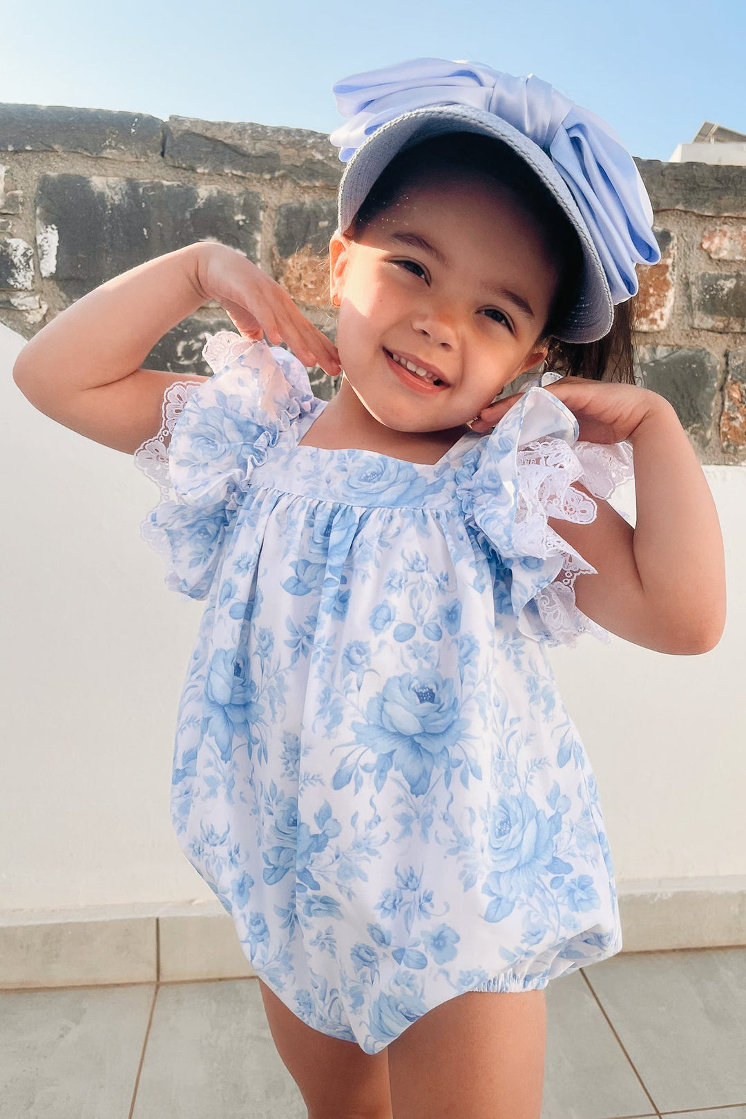 Fofettes x Be Chic "Elara" Blue Floral Lace Bow Romper - Millie and John