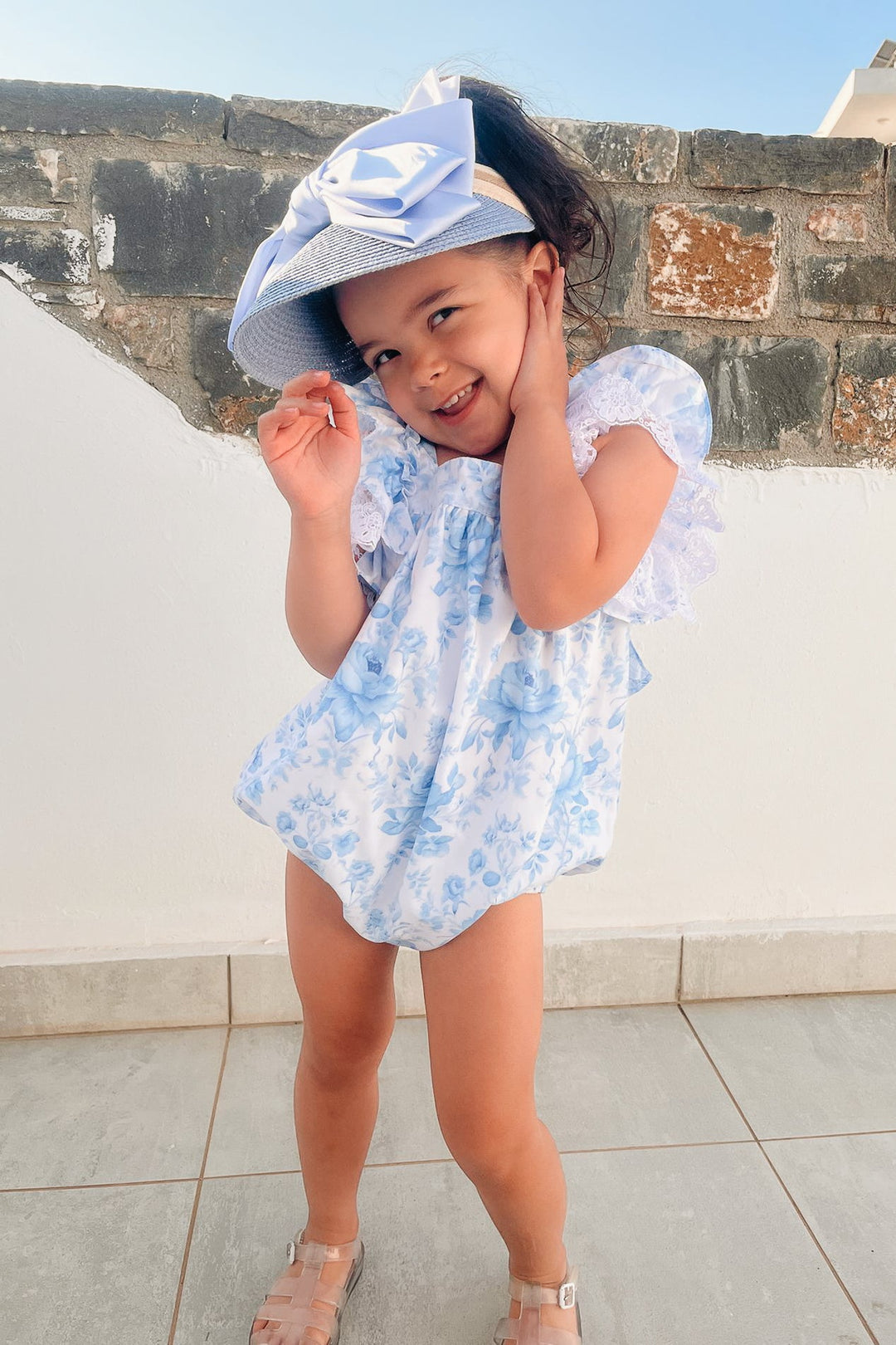 Fofettes x Be Chic "Elara" Blue Floral Lace Bow Romper - Millie and John