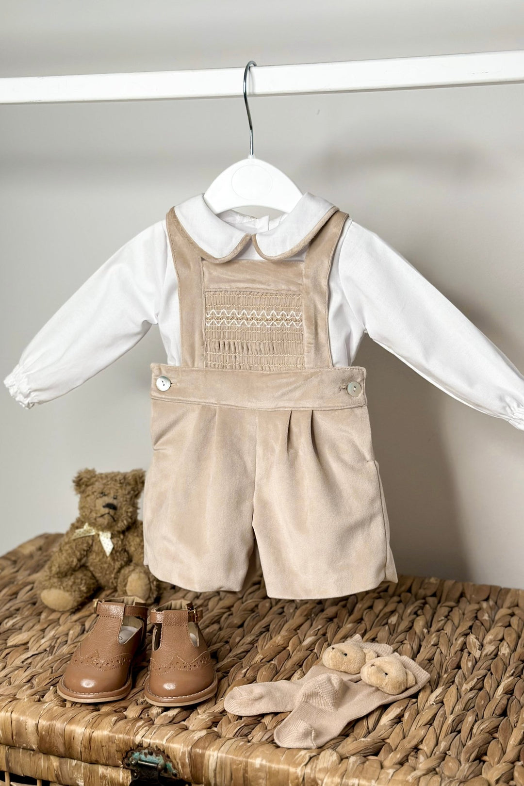 Fofettes x Be Chic "Francis" Beige Velvet Smocked Dungaree Set - Millie and John