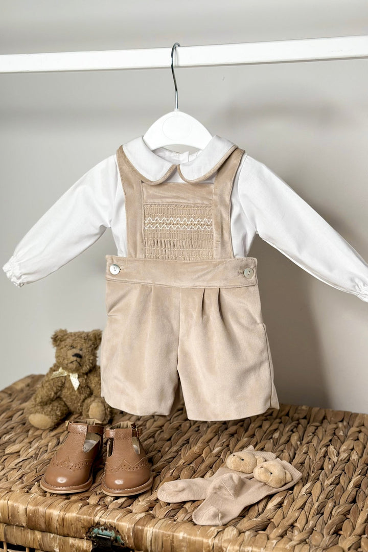 Fofettes x Be Chic "Francis" Beige Velvet Smocked Dungaree Set - Millie and John