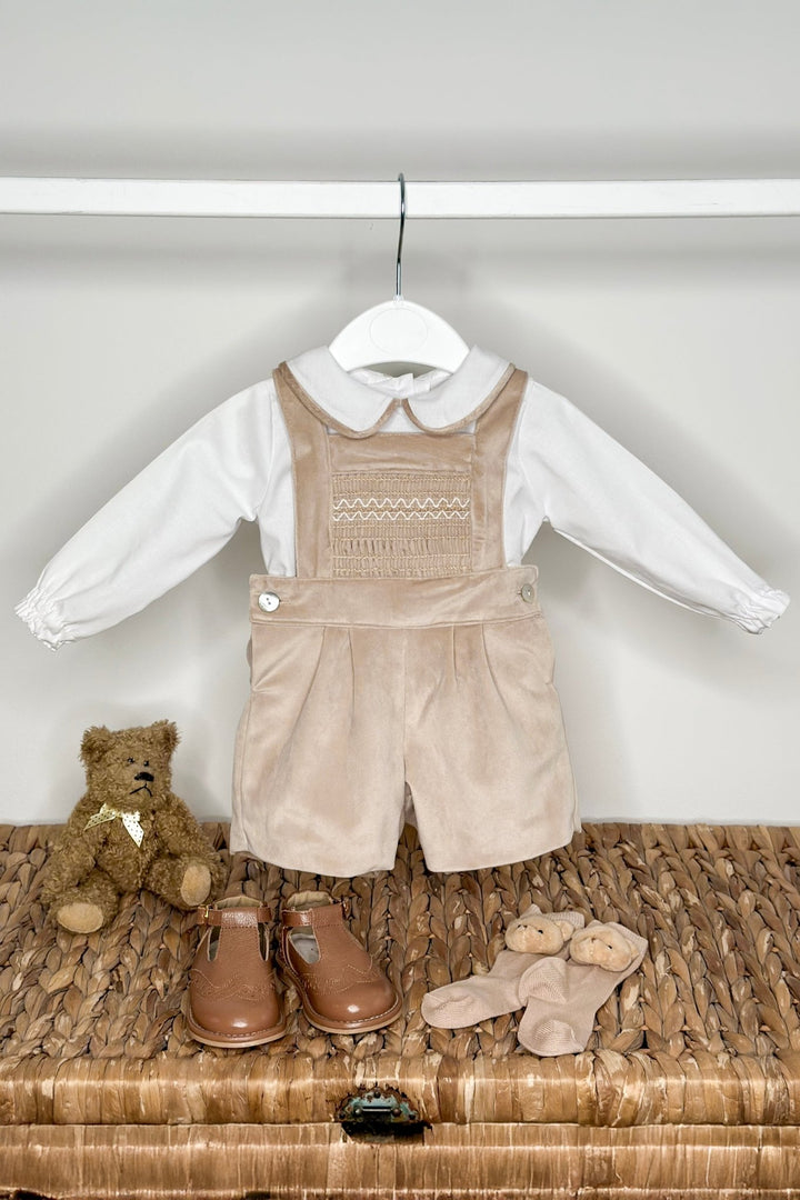 Fofettes x Be Chic "Francis" Beige Velvet Smocked Dungaree Set - Millie and John