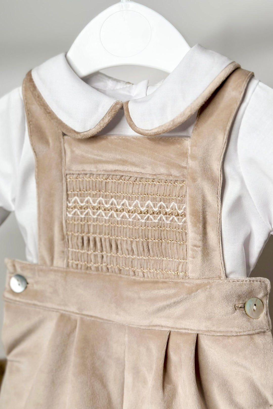 Fofettes x Be Chic "Francis" Beige Velvet Smocked Dungaree Set - Millie and John