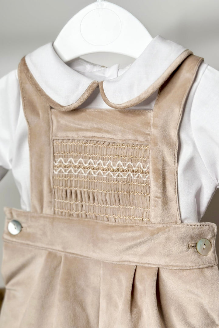 Fofettes x Be Chic "Francis" Beige Velvet Smocked Dungaree Set - Millie and John