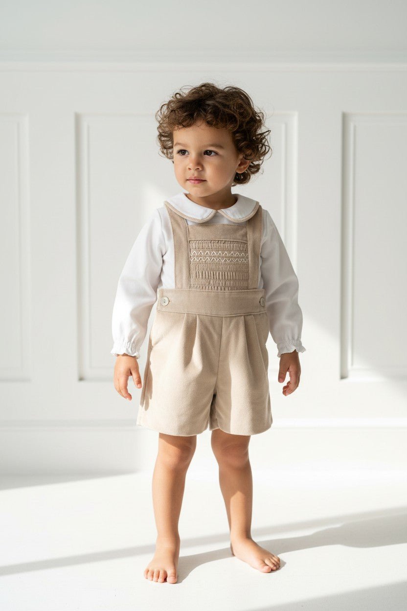 Fofettes x Be Chic "Francis" Beige Velvet Smocked Dungaree Set - Millie and John