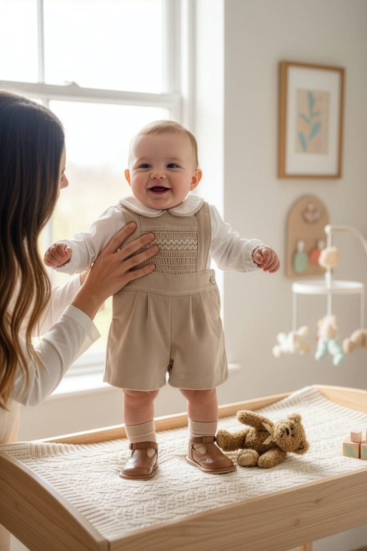 Fofettes x Be Chic "Francis" Beige Velvet Smocked Dungaree Set - Millie and John