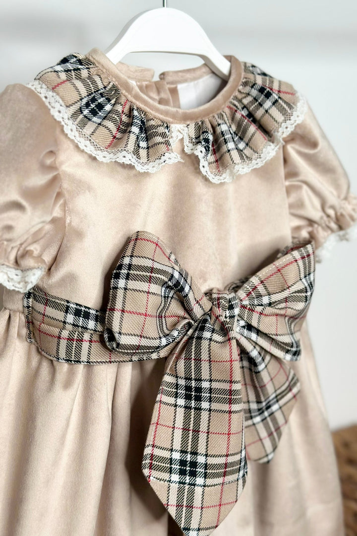 Fofettes x Be Chic "Helena" Beige Tartan Velvet Dress - Millie and John