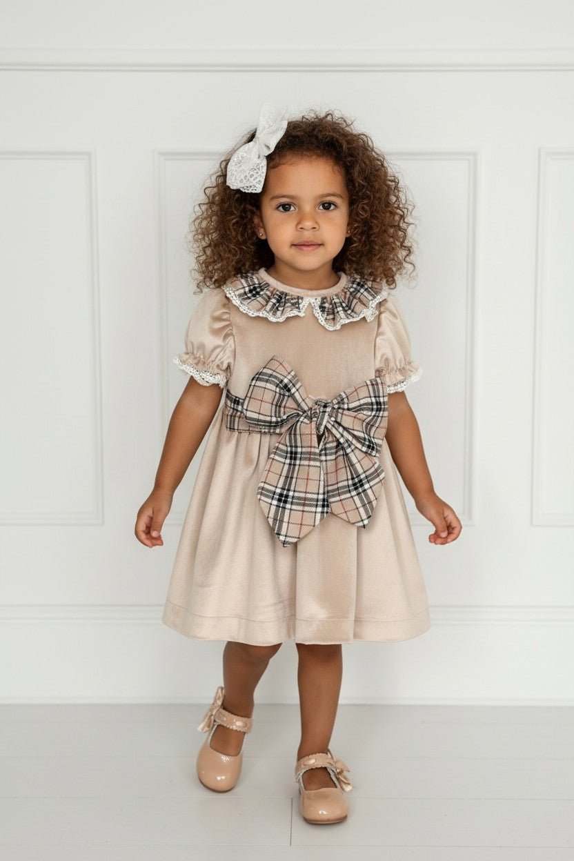 Fofettes x Be Chic "Helena" Beige Tartan Velvet Dress - Millie and John