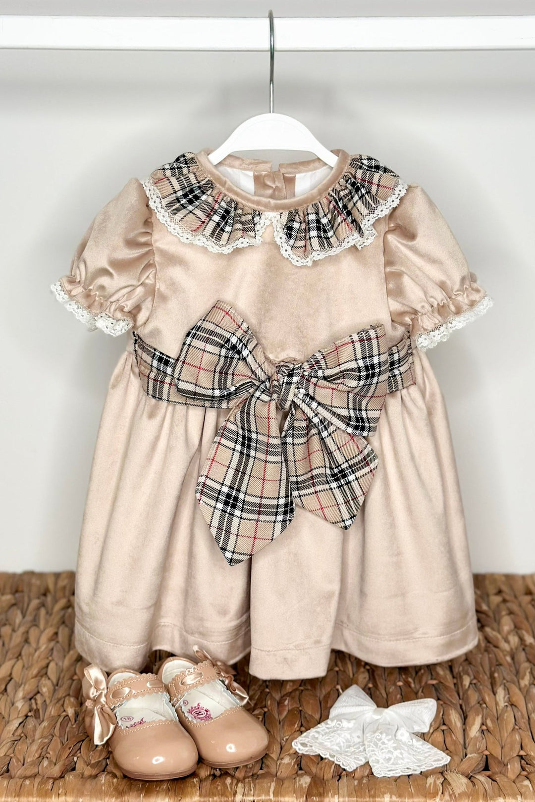 Fofettes x Be Chic "Helena" Beige Tartan Velvet Dress - Millie and John