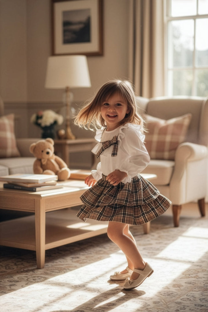Fofettes x Be Chic "Hope" Beige Tartan Blouse & Skirt - Millie and John