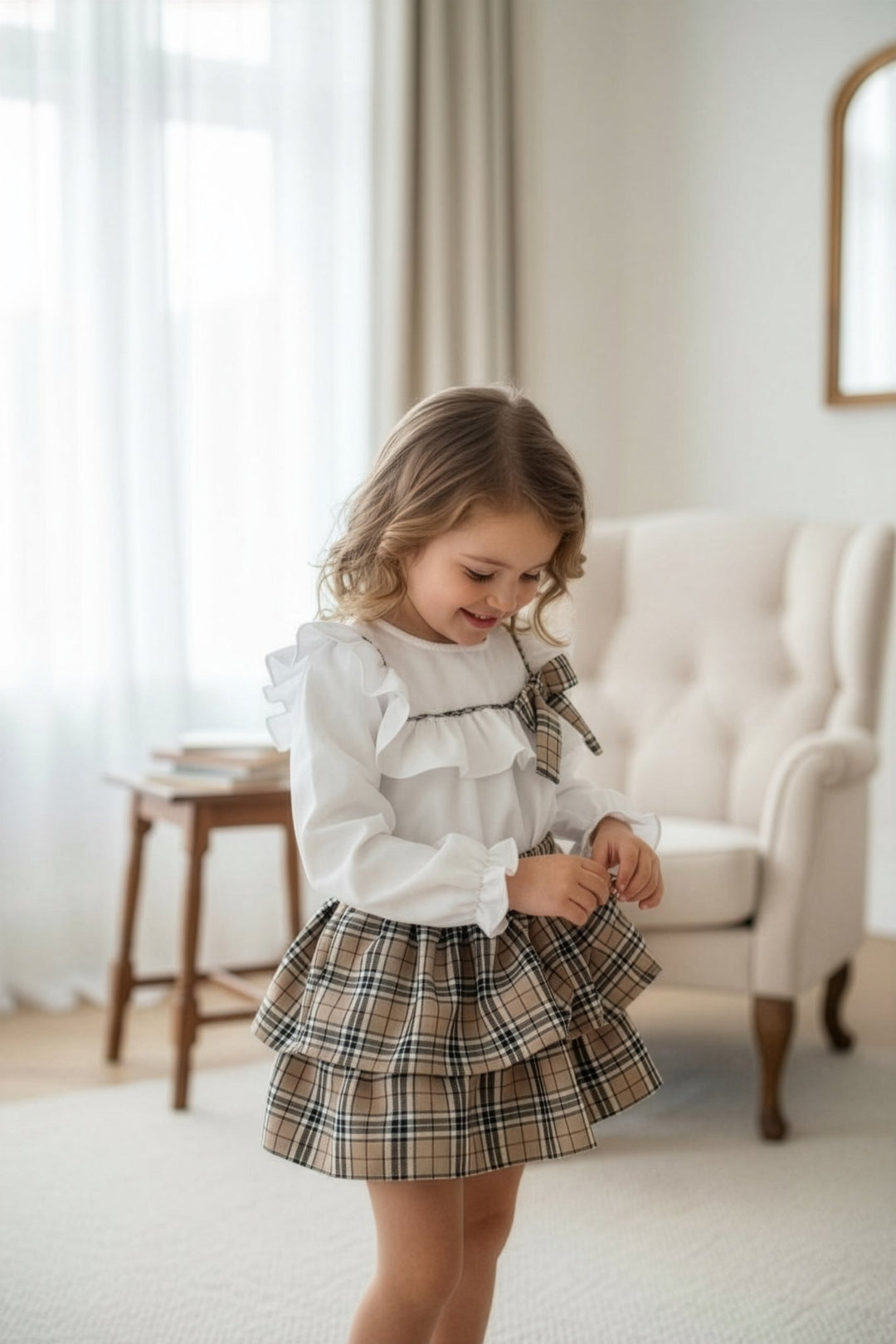 Fofettes x Be Chic "Hope" Beige Tartan Blouse & Skirt - Millie and John