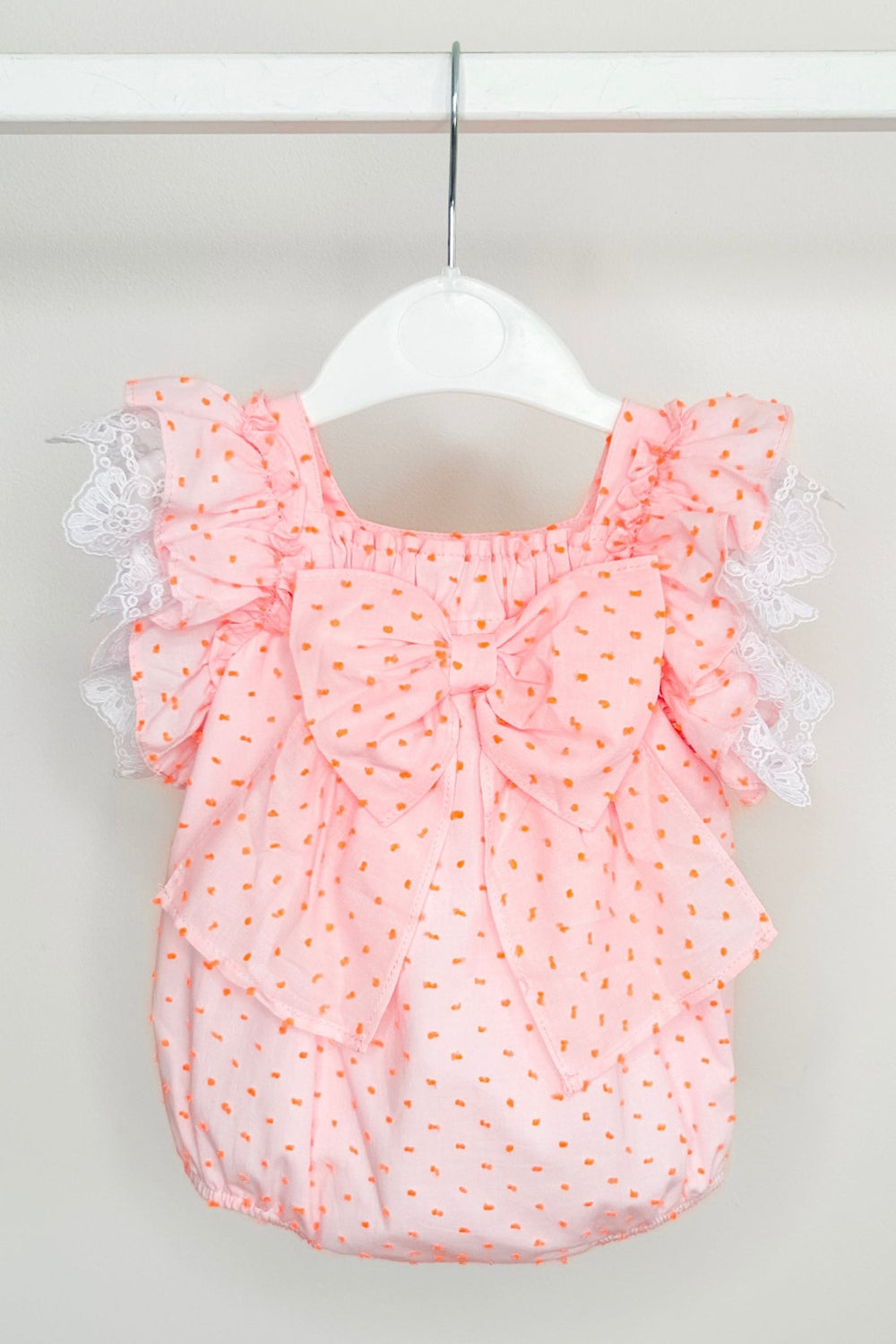 Fofettes x Be Chic "Lilya" Pink & Neon Orange Plumeti Dot Bow Romper - Millie and John