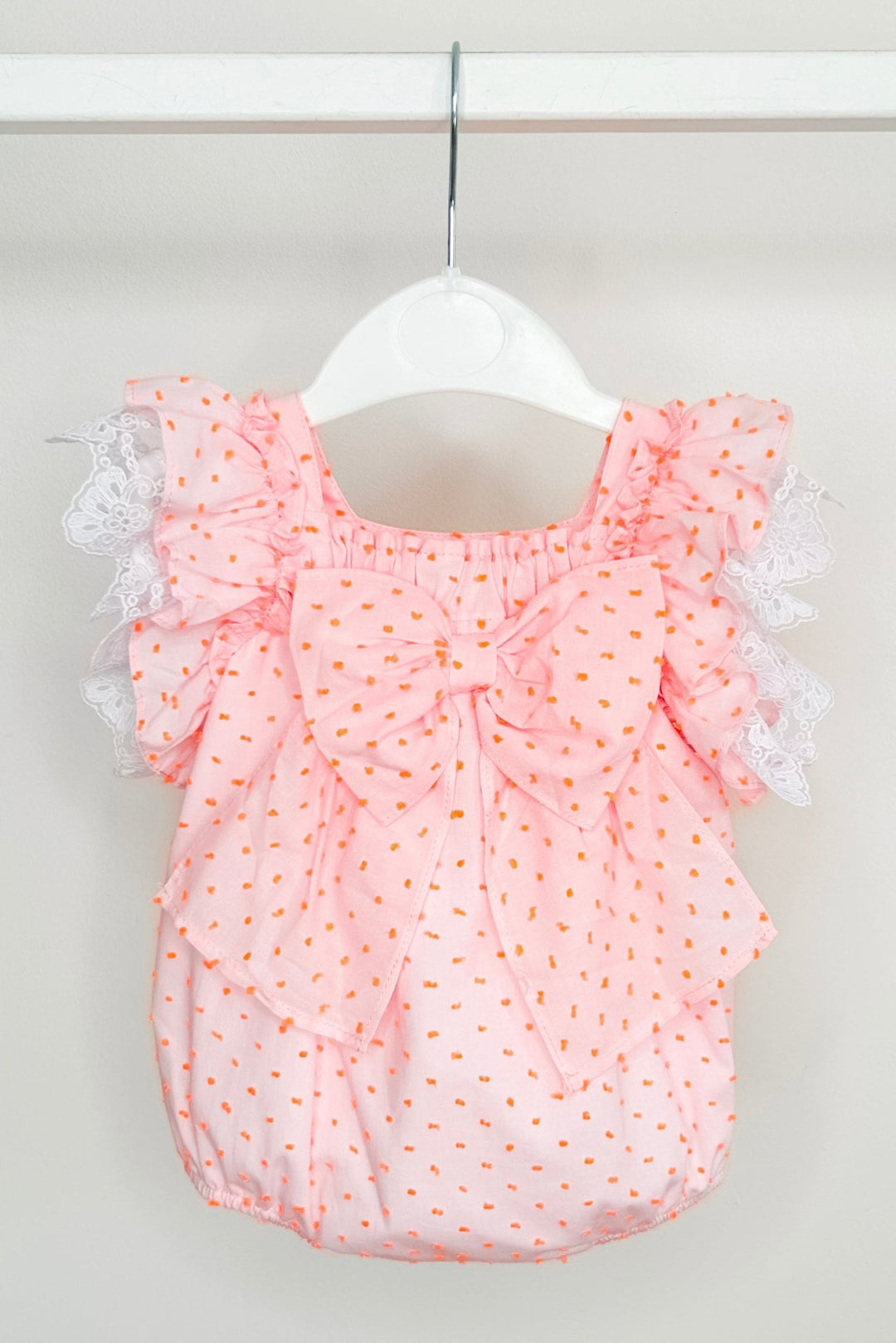 Fofettes x Be Chic "Lilya" Pink & Neon Orange Plumeti Dot Bow Romper - Millie and John