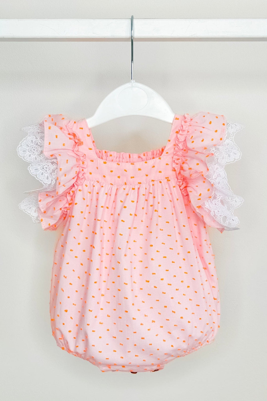 Fofettes x Be Chic "Lilya" Pink & Neon Orange Plumeti Dot Bow Romper - Millie and John
