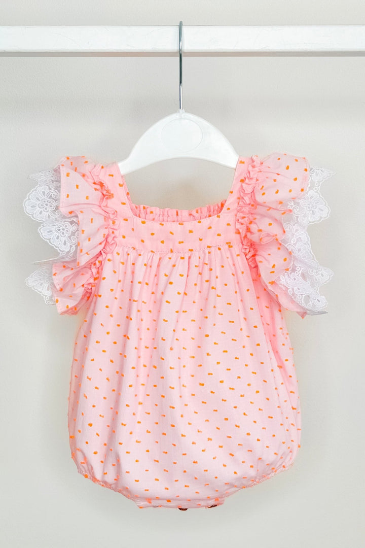 Fofettes x Be Chic "Lilya" Pink & Neon Orange Plumeti Dot Bow Romper - Millie and John