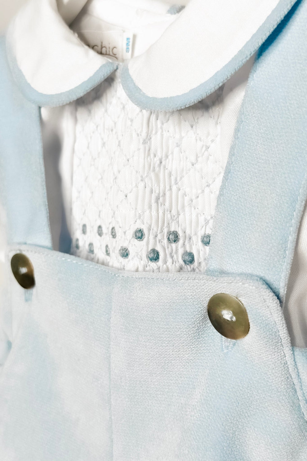 Fofettes x Be Chic "Walter" Baby Blue Velour Smocked Shirt & Jam Pants - Millie and John