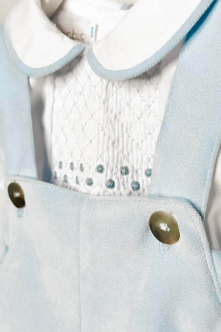 Fofettes x Be Chic "Walter" Baby Blue Velour Smocked Shirt & Jam Pants - Millie and John