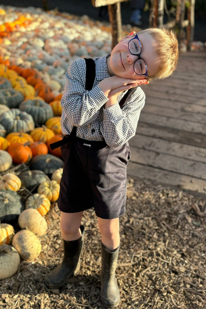 Foque "Albie" Black Gingham Shirt & Velvet Shorts with Braces - Millie and John
