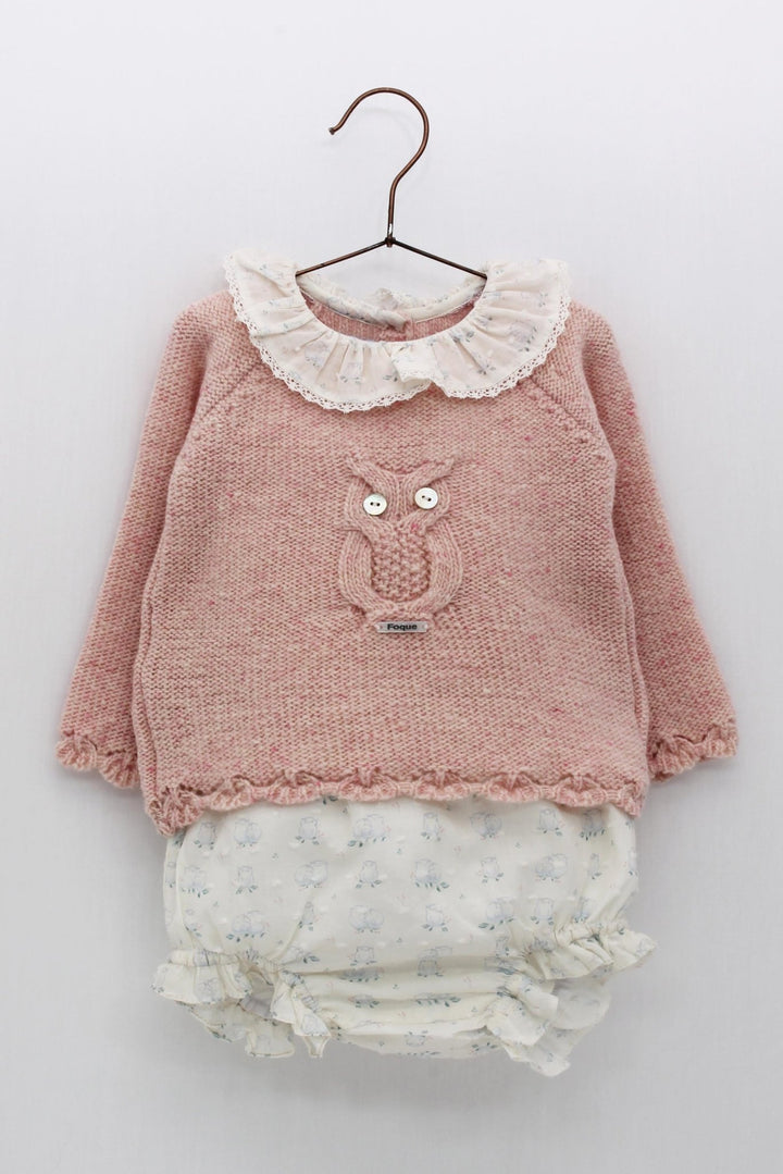 Foque "Alyssa" Pink Wool Owl Top & Bloomers - Millie and John