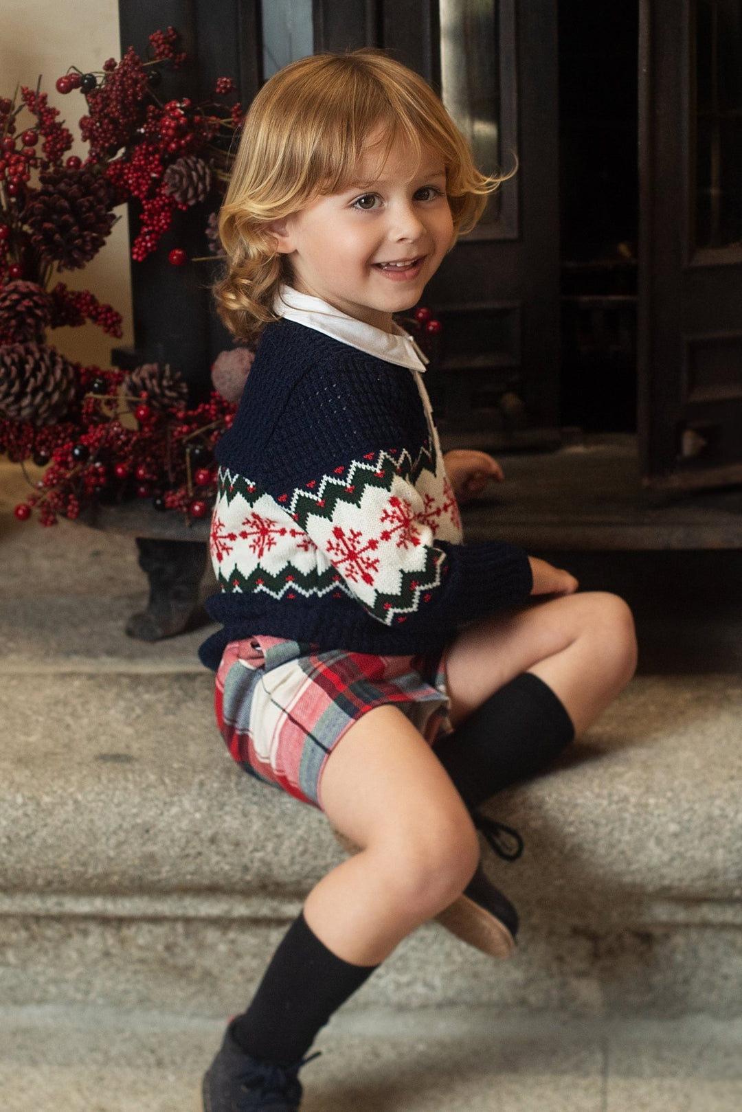 Foque "Arlo" Navy Fair Isle Polo Top & Red Tartan Shorts - Millie and John