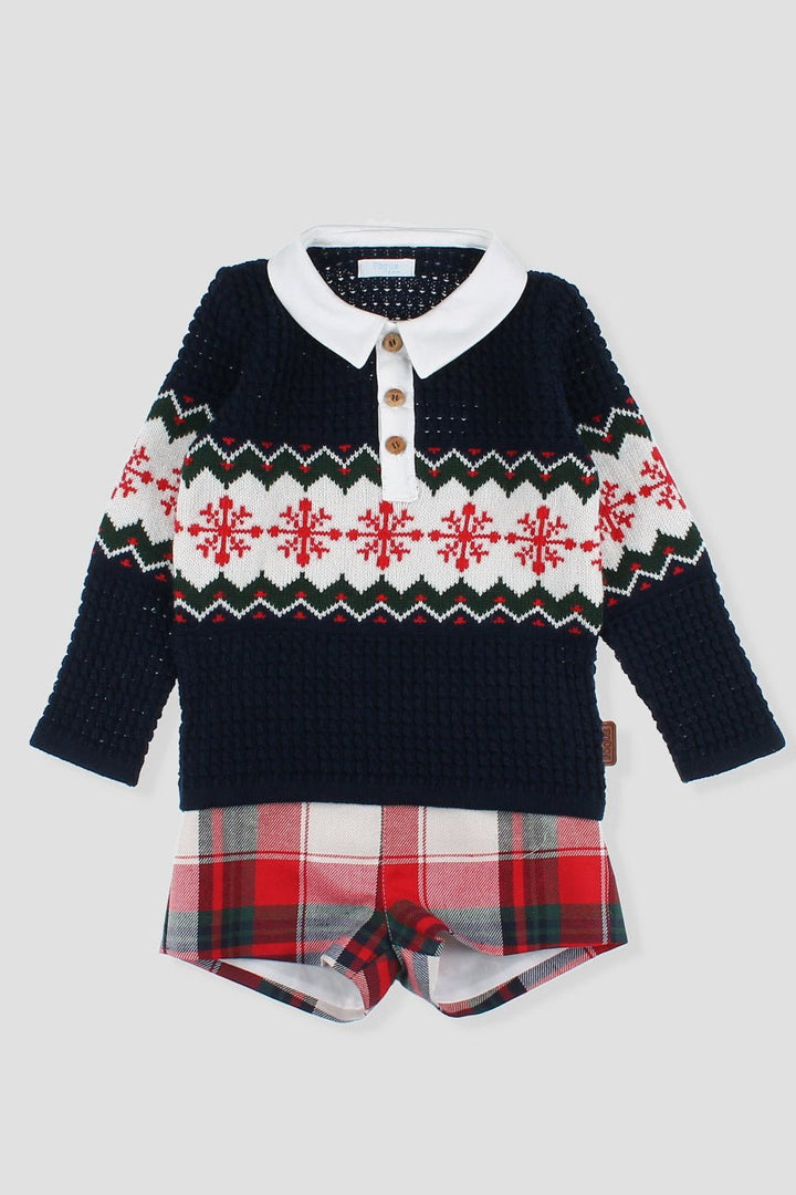 Foque "Arlo" Navy Fair Isle Polo Top & Red Tartan Shorts - Millie and John