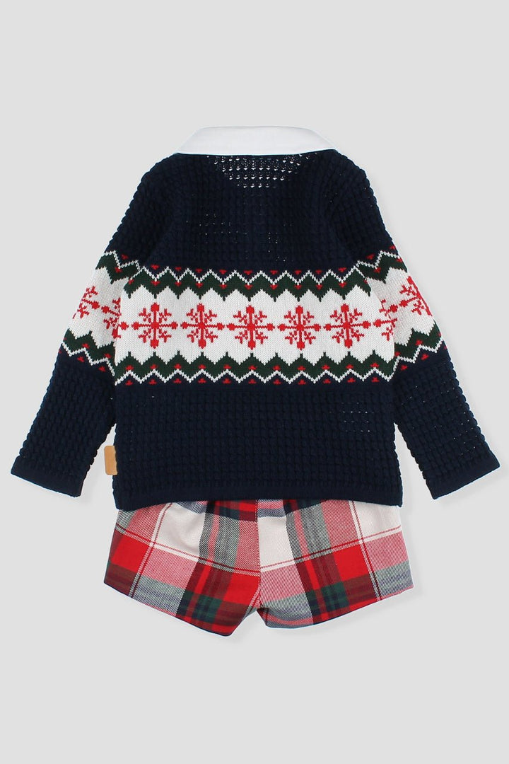 Foque "Arlo" Navy Fair Isle Polo Top & Red Tartan Shorts - Millie and John