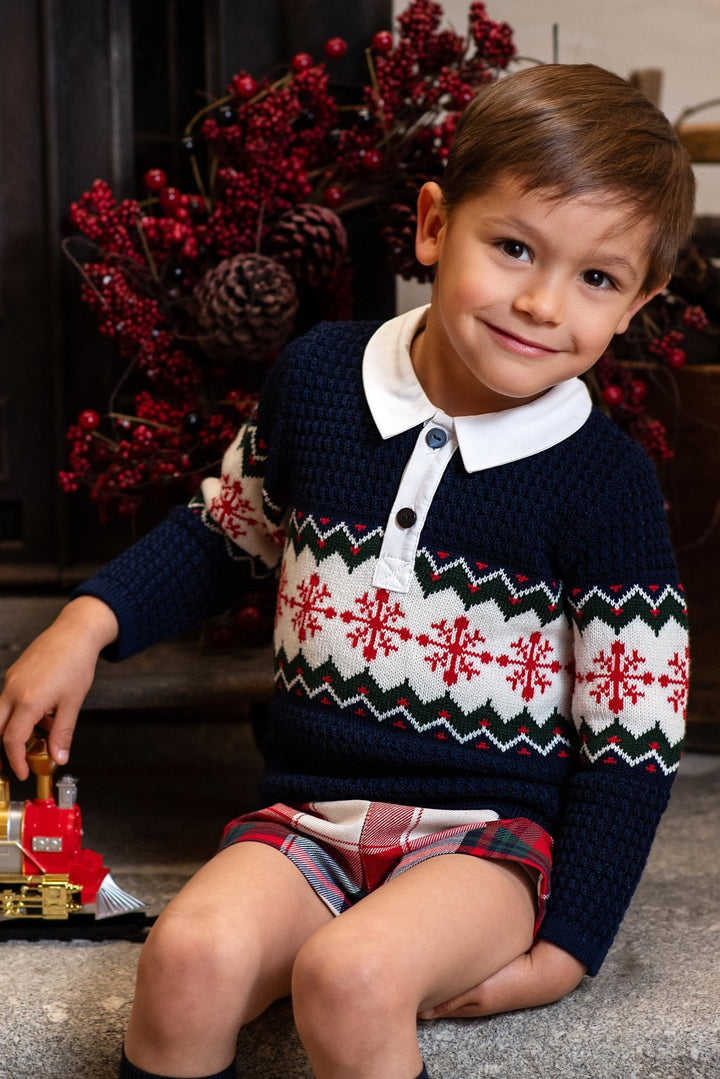 Foque "Arlo" Navy Fair Isle Polo Top & Red Tartan Shorts - Millie and John