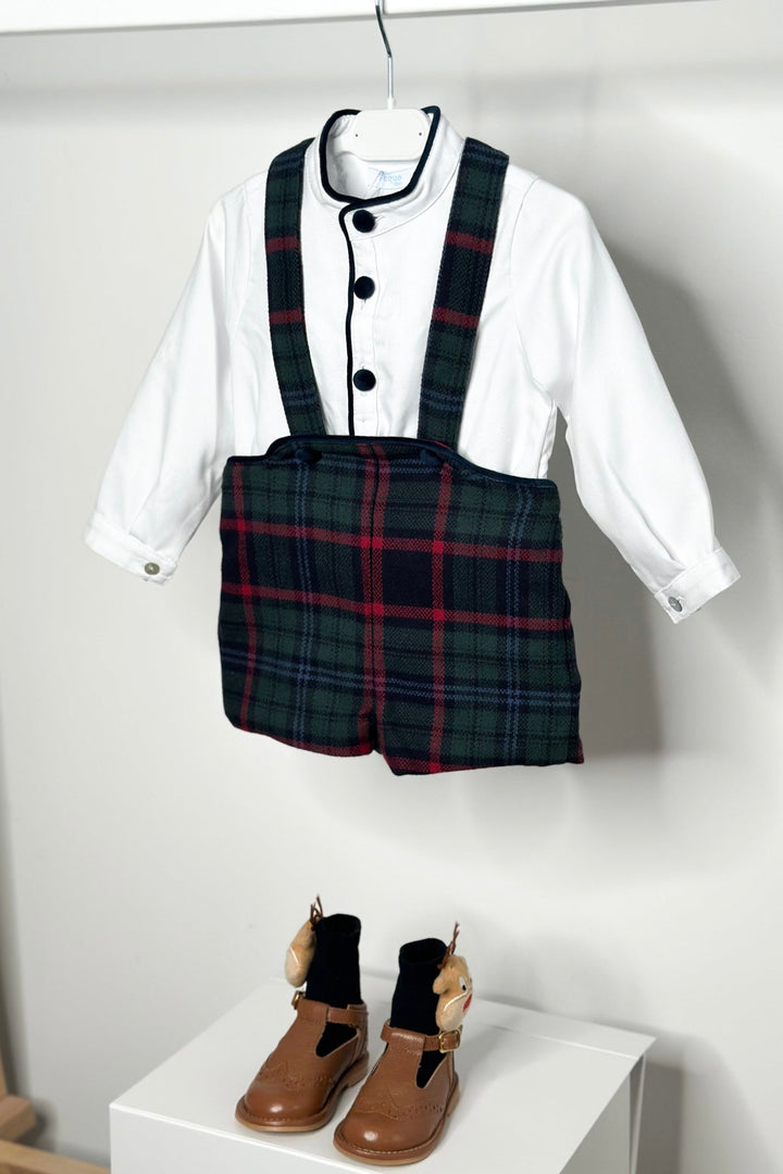 Foque "Atticus" Shirt & Bottle Green Tartan Shorts with Braces - Millie and John