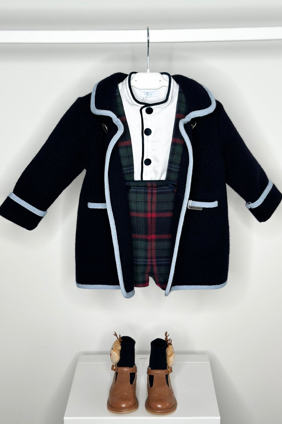 Foque "Atticus" Shirt & Bottle Green Tartan Shorts with Braces - Millie and John