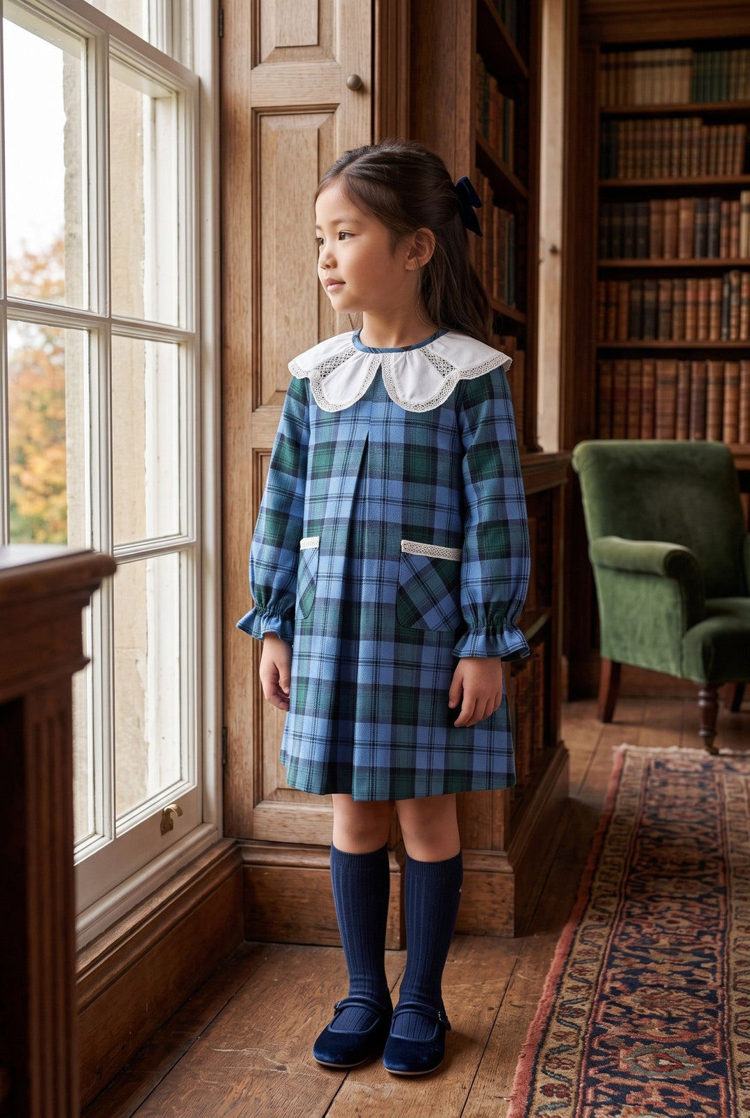Foque "Beatrice" Cornflower Blue Tartan Dress - Millie and John