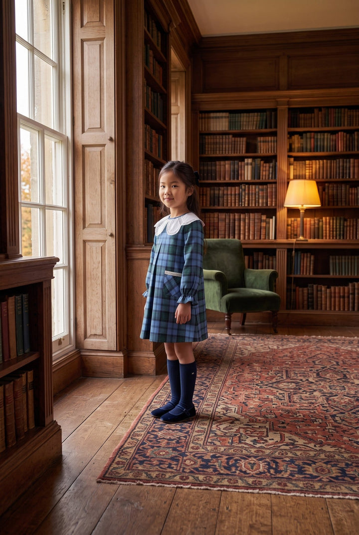 Foque "Beatrice" Cornflower Blue Tartan Dress - Millie and John
