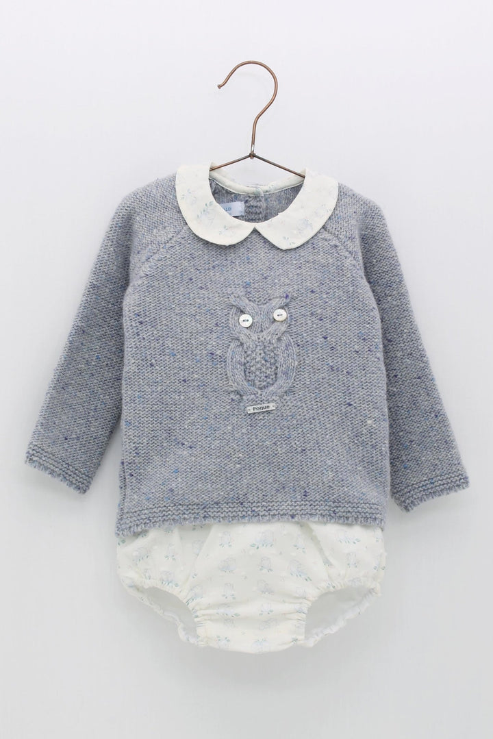 Foque "Eddie" Blue Wool Knit Owl Top & Jam Pants - Millie and John