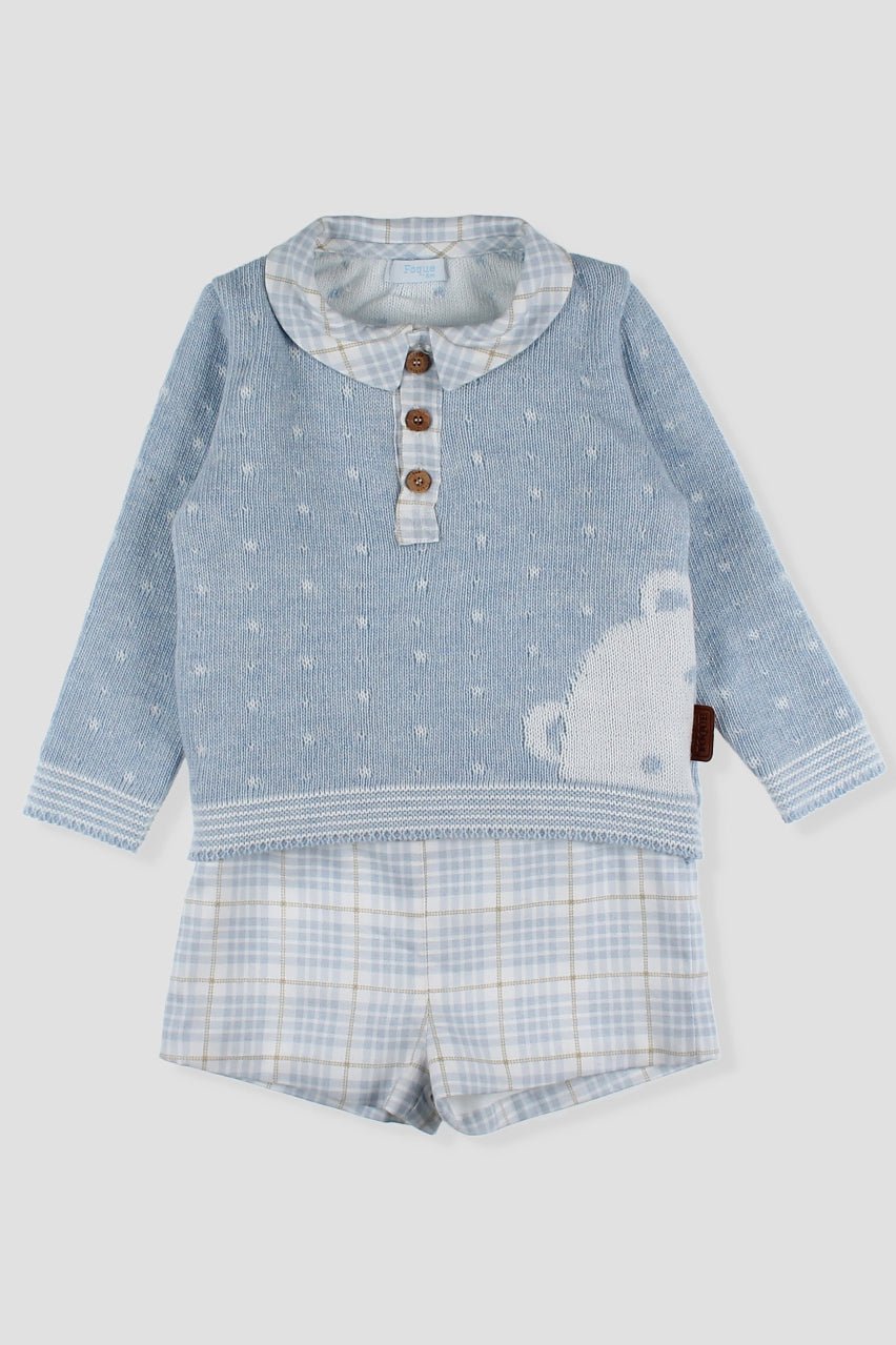Foque "Eddie" Sky Blue Knit Teddy Top & Tartan Shorts - Millie and John